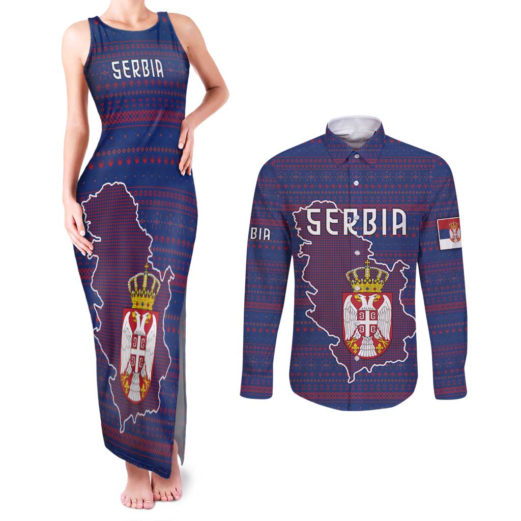 Serbia Couples Matching Tank Maxi Dress and Long Sleeve Button Shirt with National Map and Coat of Arms Design in Blue Red Pattern
