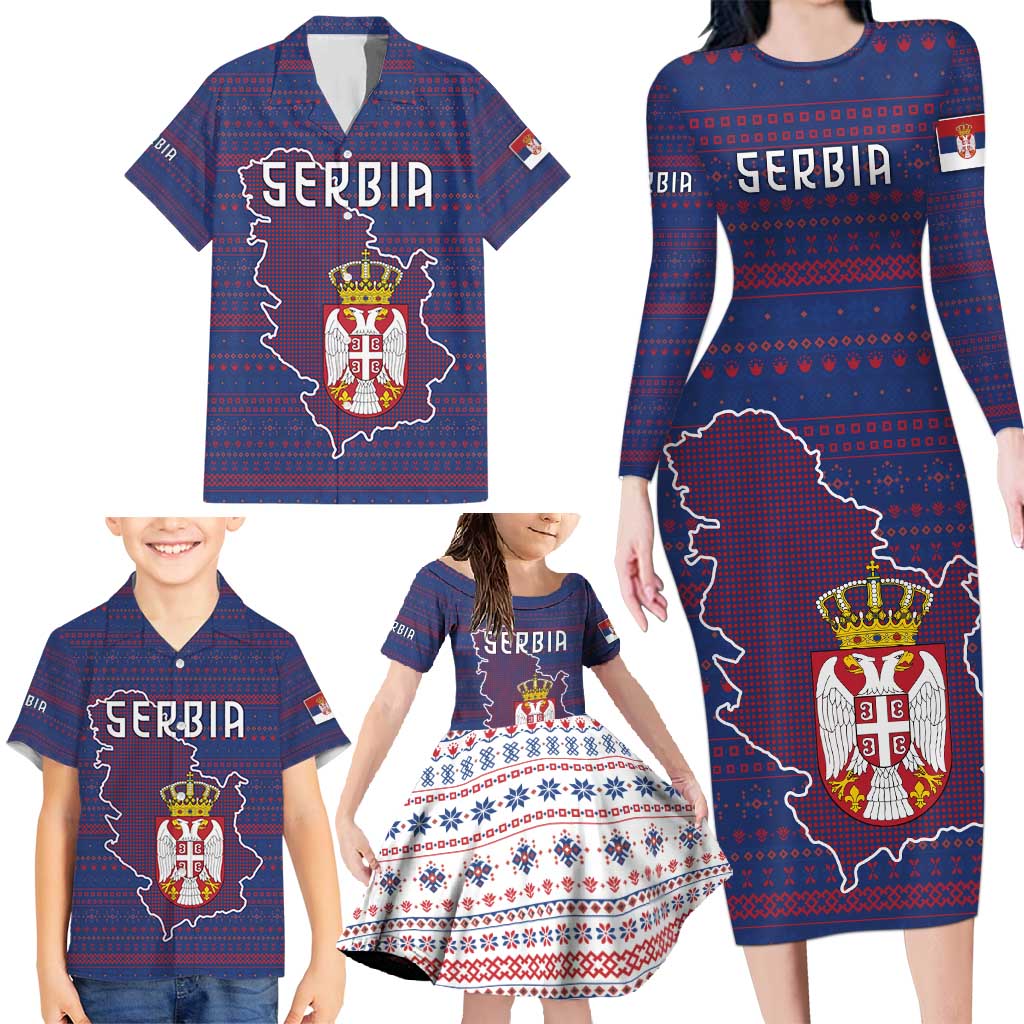 Serbia Family Matching Long Sleeve Bodycon Dress and Hawaiian Shirt with National Map and Coat of Arms Design in Blue Red Pattern