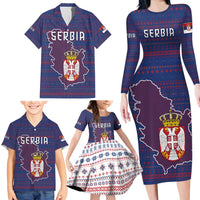 Serbia Family Matching Long Sleeve Bodycon Dress and Hawaiian Shirt with National Map and Coat of Arms Design in Blue Red Pattern