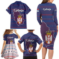 Serbia Family Matching Long Sleeve Bodycon Dress and Hawaiian Shirt with National Map and Coat of Arms Design in Blue Red Pattern