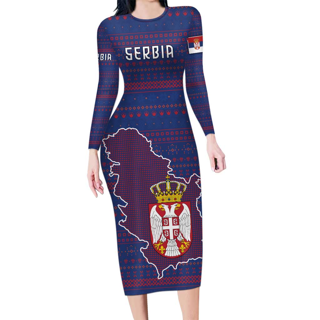 Serbia Family Matching Long Sleeve Bodycon Dress and Hawaiian Shirt with National Map and Coat of Arms Design in Blue Red Pattern