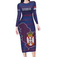 Serbia Family Matching Long Sleeve Bodycon Dress and Hawaiian Shirt with National Map and Coat of Arms Design in Blue Red Pattern
