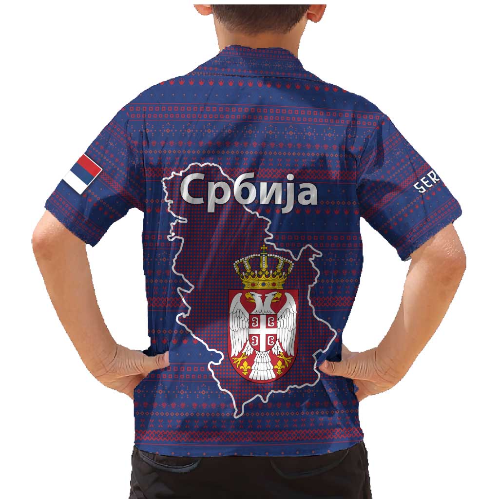 Serbia Family Matching Mermaid Dress and Hawaiian Shirt with National Map and Coat of Arms Design in Blue Red Pattern