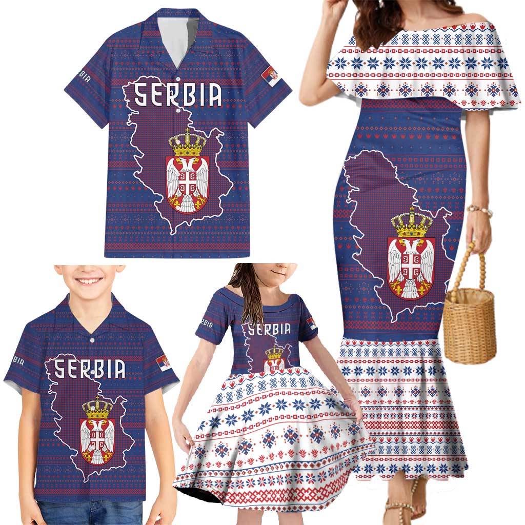 Serbia Family Matching Mermaid Dress and Hawaiian Shirt with National Map and Coat of Arms Design in Blue Red Pattern