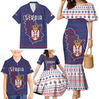 Serbia Family Matching Mermaid Dress and Hawaiian Shirt with National Map and Coat of Arms Design in Blue Red Pattern