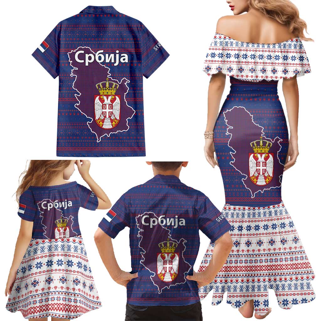 Serbia Family Matching Mermaid Dress and Hawaiian Shirt with National Map and Coat of Arms Design in Blue Red Pattern