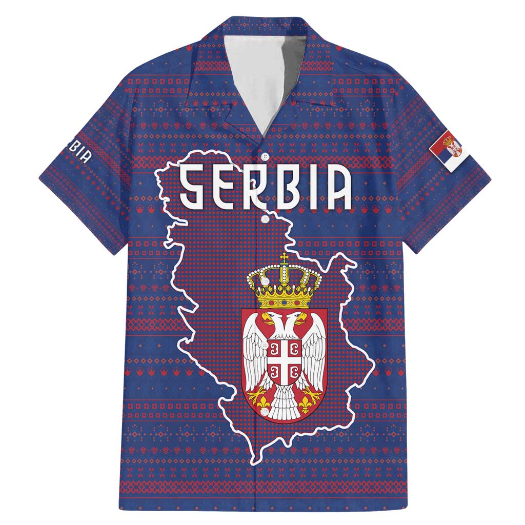 Serbia Family Matching Mermaid Dress and Hawaiian Shirt with National Map and Coat of Arms Design in Blue Red Pattern