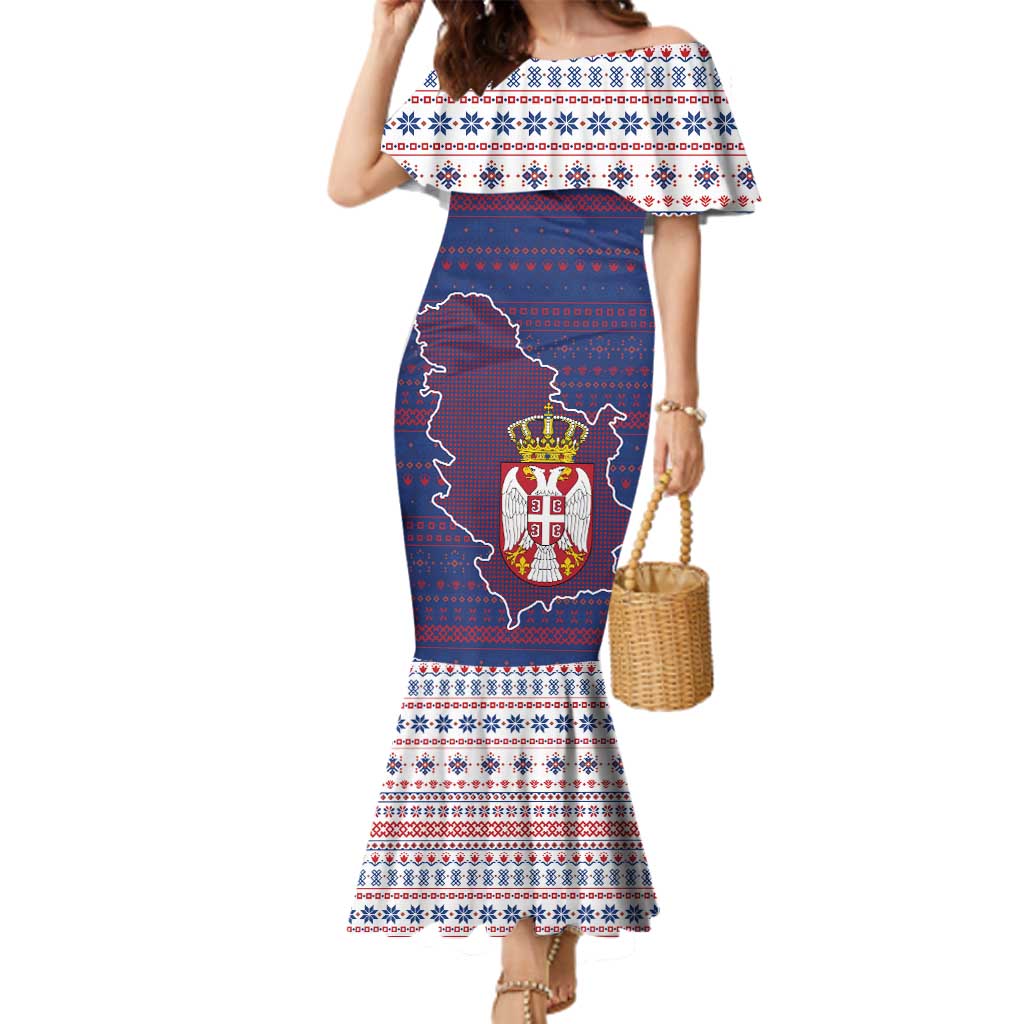Serbia Family Matching Mermaid Dress and Hawaiian Shirt with National Map and Coat of Arms Design in Blue Red Pattern