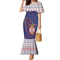 Serbia Family Matching Mermaid Dress and Hawaiian Shirt with National Map and Coat of Arms Design in Blue Red Pattern