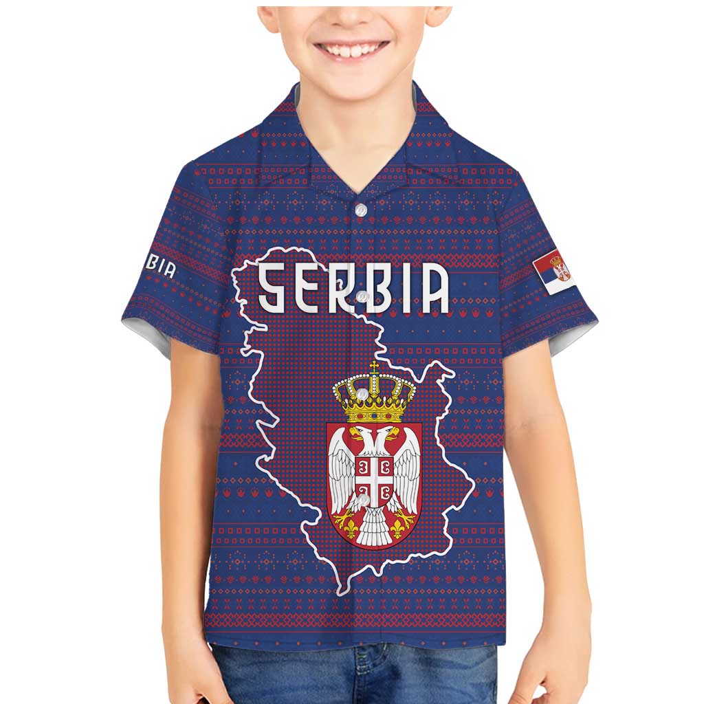 Serbia Family Matching Mermaid Dress and Hawaiian Shirt with National Map and Coat of Arms Design in Blue Red Pattern