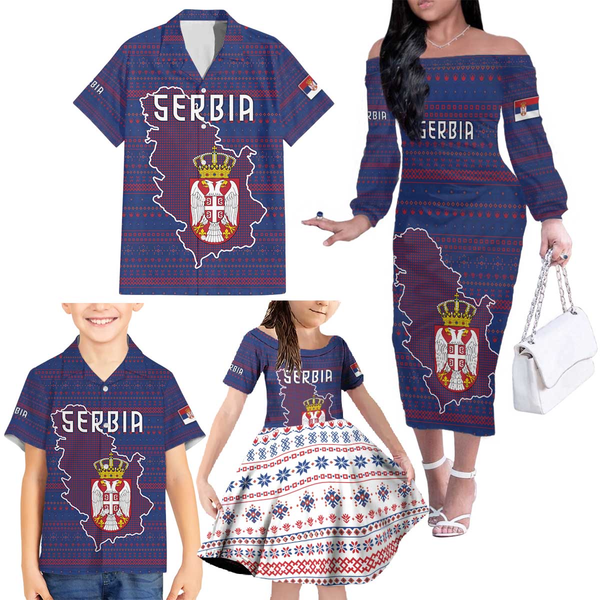 Serbia Family Matching Off The Shoulder Long Sleeve Dress and Hawaiian Shirt with National Map and Coat of Arms Design in Blue Red Pattern