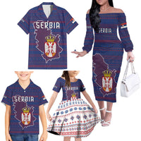 Serbia Family Matching Off The Shoulder Long Sleeve Dress and Hawaiian Shirt with National Map and Coat of Arms Design in Blue Red Pattern