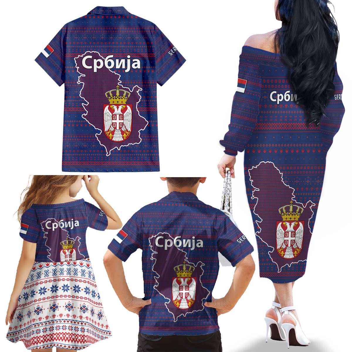 Serbia Family Matching Off The Shoulder Long Sleeve Dress and Hawaiian Shirt with National Map and Coat of Arms Design in Blue Red Pattern