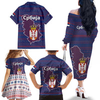 Serbia Family Matching Off The Shoulder Long Sleeve Dress and Hawaiian Shirt with National Map and Coat of Arms Design in Blue Red Pattern