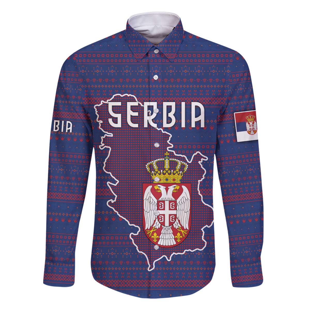 Serbia Family Matching Off The Shoulder Long Sleeve Dress and Hawaiian Shirt with National Map and Coat of Arms Design in Blue Red Pattern
