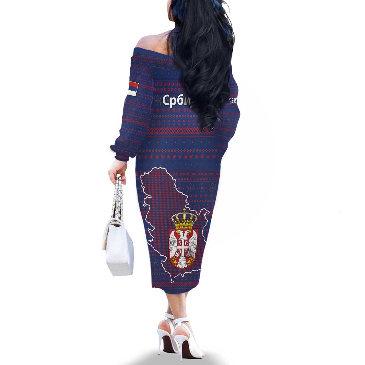 Serbia Family Matching Off The Shoulder Long Sleeve Dress and Hawaiian Shirt with National Map and Coat of Arms Design in Blue Red Pattern