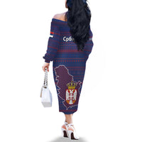 Serbia Family Matching Off The Shoulder Long Sleeve Dress and Hawaiian Shirt with National Map and Coat of Arms Design in Blue Red Pattern