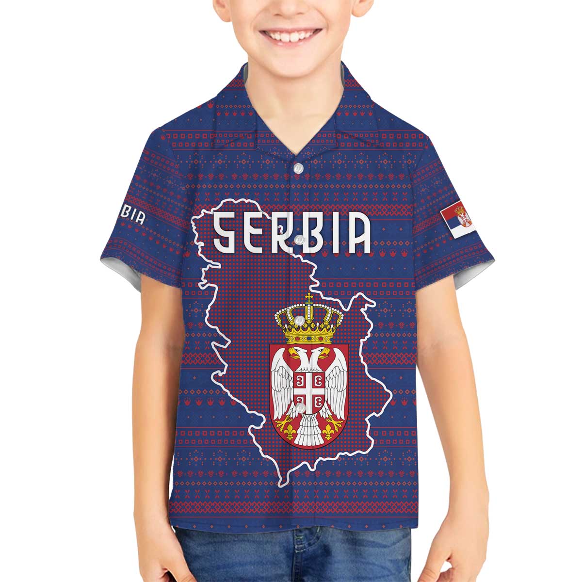 Serbia Family Matching Off The Shoulder Long Sleeve Dress and Hawaiian Shirt with National Map and Coat of Arms Design in Blue Red Pattern