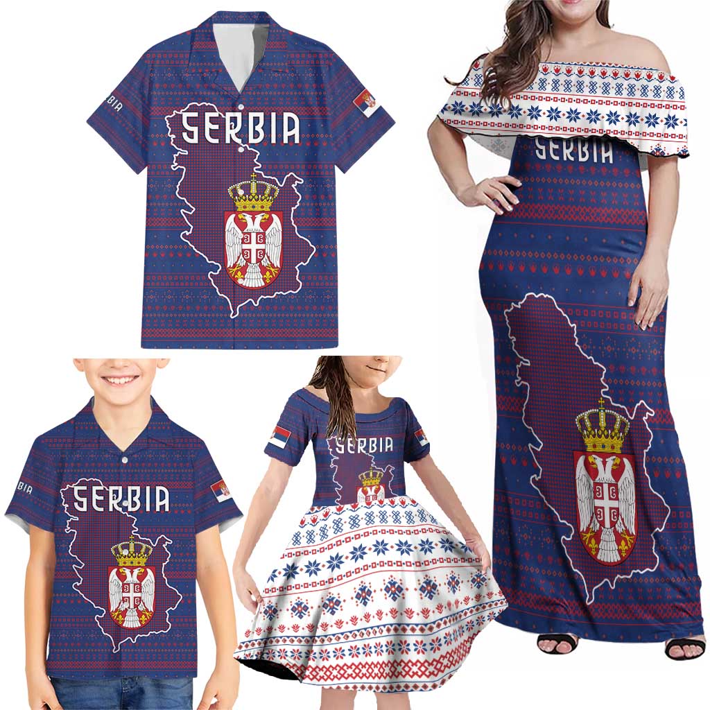 Serbia Family Matching Off Shoulder Maxi Dress and Hawaiian Shirt with National Map and Coat of Arms Design in Blue Red Pattern