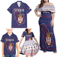 Serbia Family Matching Off Shoulder Maxi Dress and Hawaiian Shirt with National Map and Coat of Arms Design in Blue Red Pattern