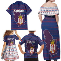 Serbia Family Matching Off Shoulder Maxi Dress and Hawaiian Shirt with National Map and Coat of Arms Design in Blue Red Pattern