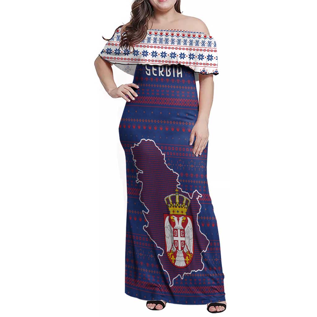 Serbia Family Matching Off Shoulder Maxi Dress and Hawaiian Shirt with National Map and Coat of Arms Design in Blue Red Pattern