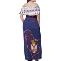 Serbia Family Matching Off Shoulder Maxi Dress and Hawaiian Shirt with National Map and Coat of Arms Design in Blue Red Pattern