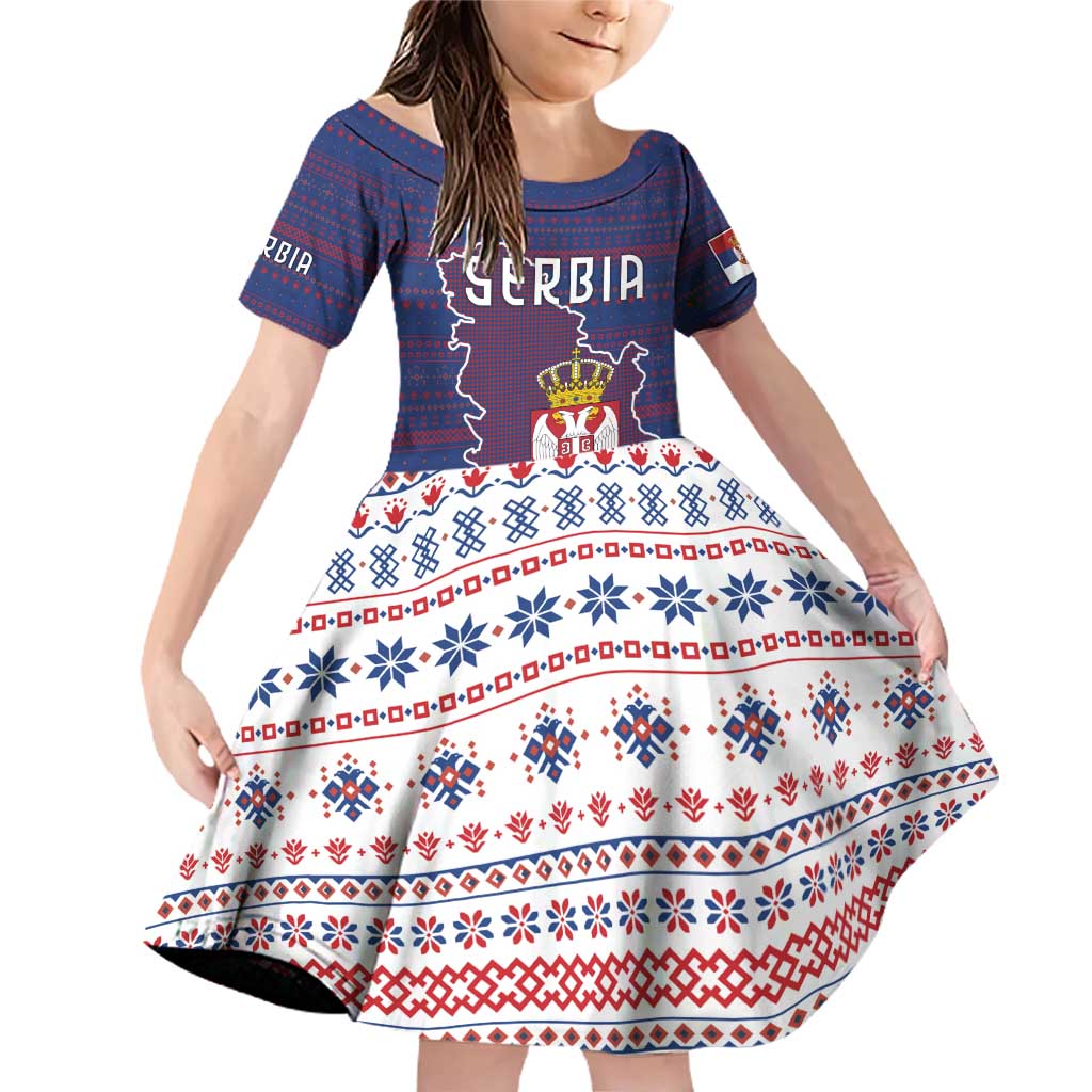 Serbia Family Matching Off Shoulder Short Dress and Hawaiian Shirt with National Map and Coat of Arms Design in Blue Red Pattern