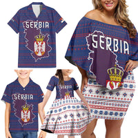 Serbia Family Matching Off Shoulder Short Dress and Hawaiian Shirt with National Map and Coat of Arms Design in Blue Red Pattern