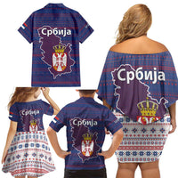 Serbia Family Matching Off Shoulder Short Dress and Hawaiian Shirt with National Map and Coat of Arms Design in Blue Red Pattern