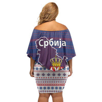 Serbia Family Matching Off Shoulder Short Dress and Hawaiian Shirt with National Map and Coat of Arms Design in Blue Red Pattern