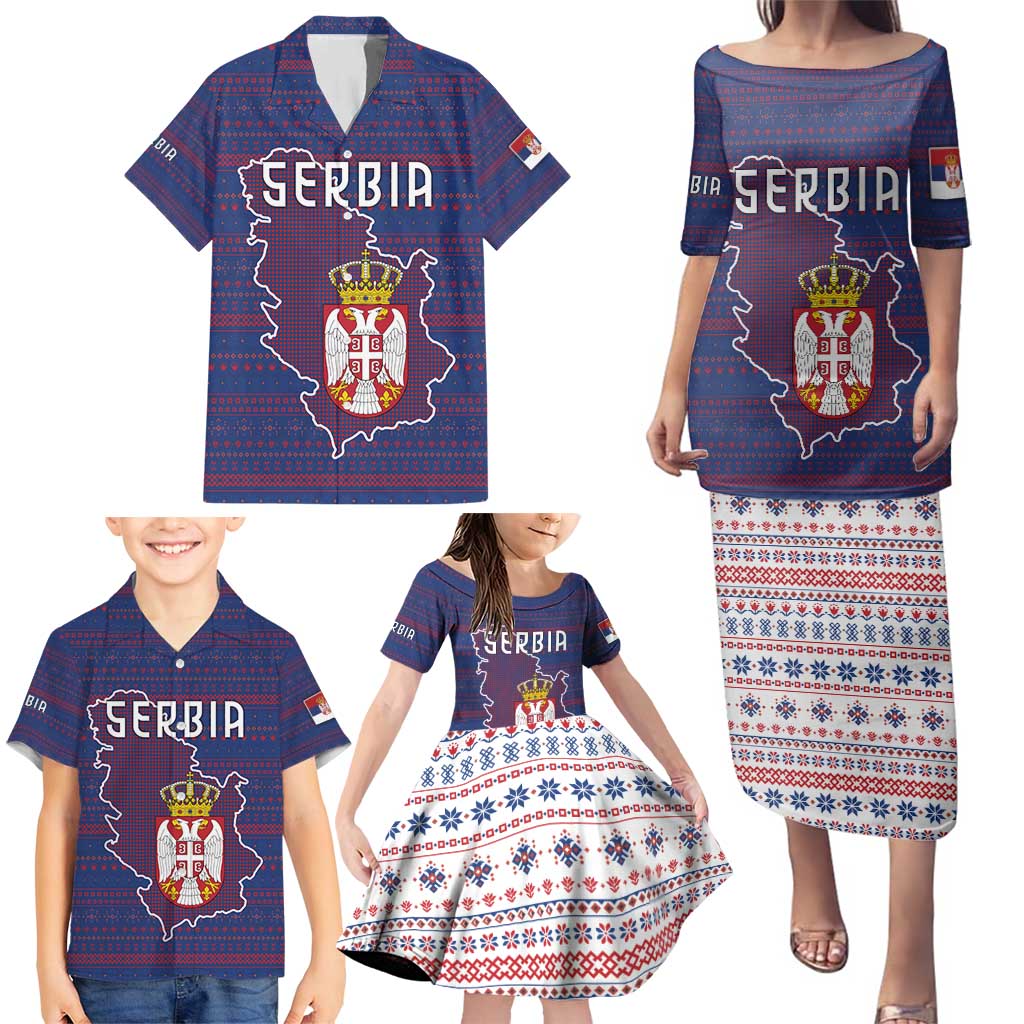 Serbia Family Matching Puletasi and Hawaiian Shirt with National Map and Coat of Arms Design in Blue Red Pattern