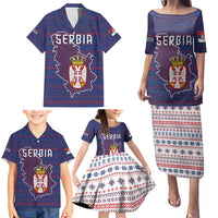 Serbia Family Matching Puletasi and Hawaiian Shirt with National Map and Coat of Arms Design in Blue Red Pattern