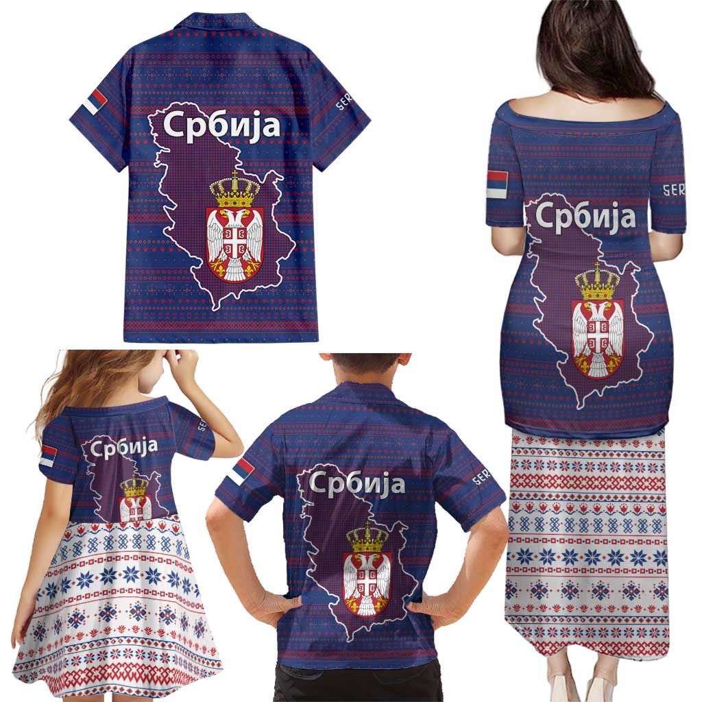 Serbia Family Matching Puletasi and Hawaiian Shirt with National Map and Coat of Arms Design in Blue Red Pattern