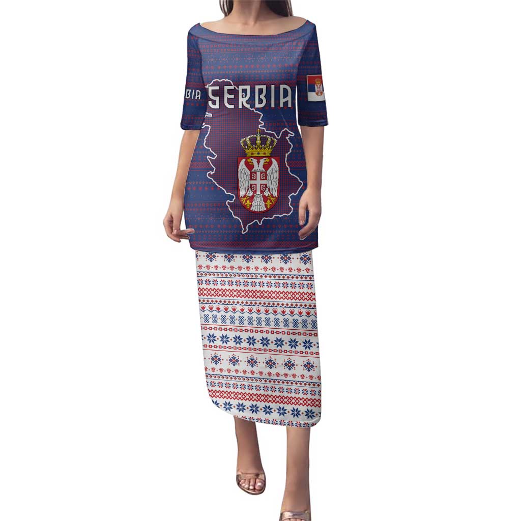 Serbia Family Matching Puletasi and Hawaiian Shirt with National Map and Coat of Arms Design in Blue Red Pattern