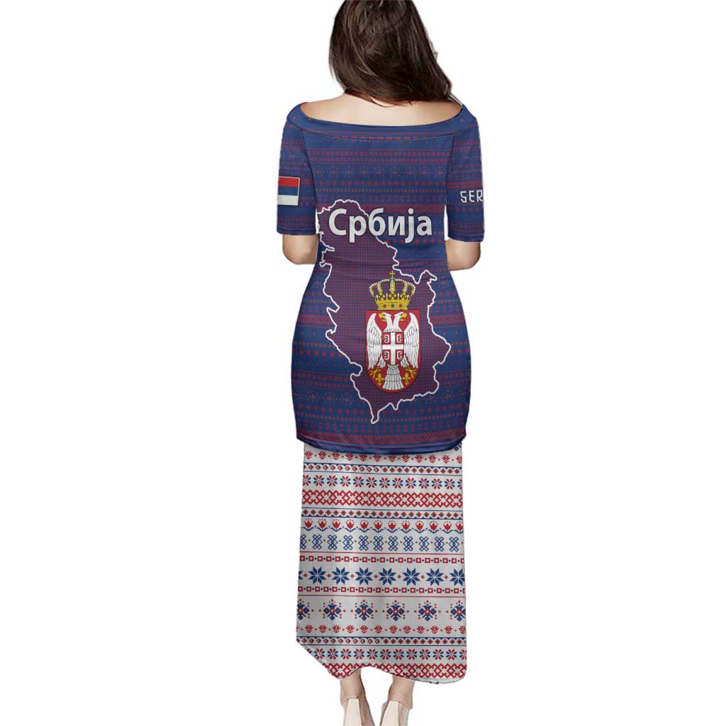 Serbia Family Matching Puletasi and Hawaiian Shirt with National Map and Coat of Arms Design in Blue Red Pattern