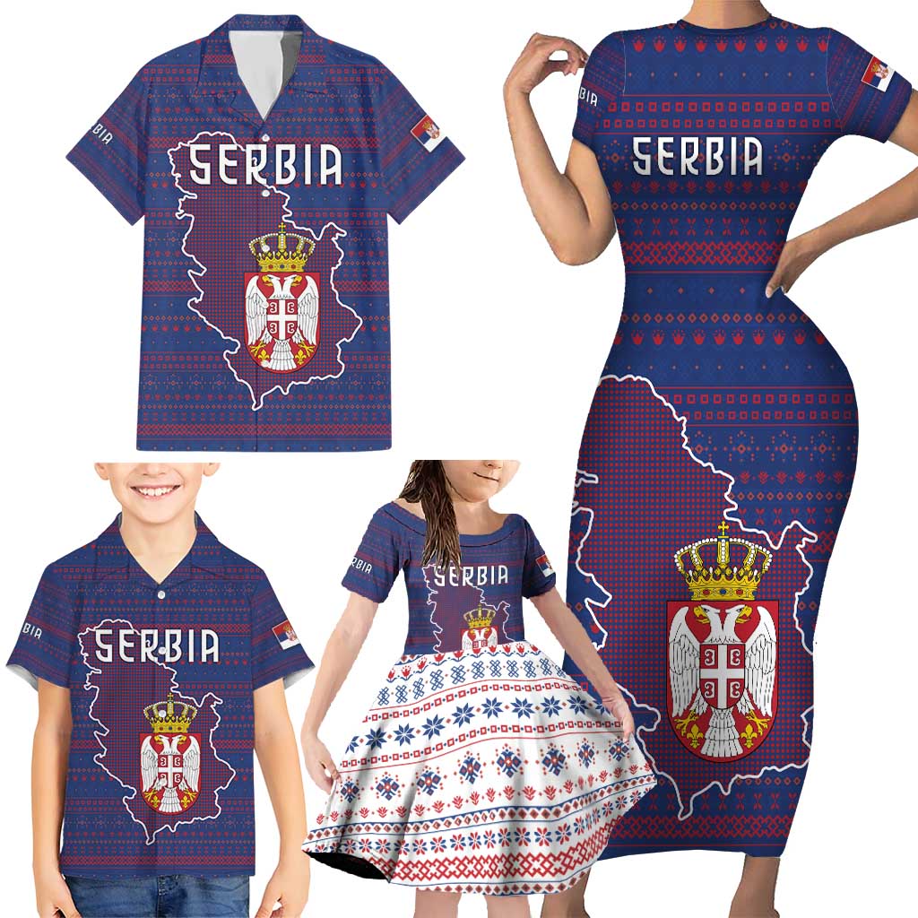Serbia Family Matching Short Sleeve Bodycon Dress and Hawaiian Shirt with National Map and Coat of Arms Design in Blue Red Pattern