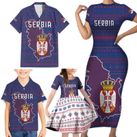 Serbia Family Matching Short Sleeve Bodycon Dress and Hawaiian Shirt with National Map and Coat of Arms Design in Blue Red Pattern