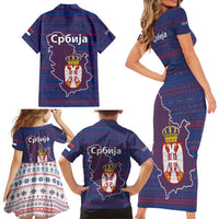 Serbia Family Matching Short Sleeve Bodycon Dress and Hawaiian Shirt with National Map and Coat of Arms Design in Blue Red Pattern