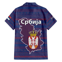 Serbia Family Matching Short Sleeve Bodycon Dress and Hawaiian Shirt with National Map and Coat of Arms Design in Blue Red Pattern