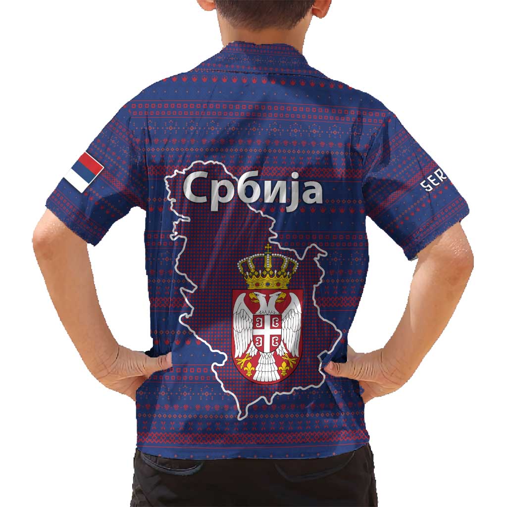 Serbia Family Matching Summer Maxi Dress and Hawaiian Shirt with National Map and Coat of Arms Design in Blue Red Pattern