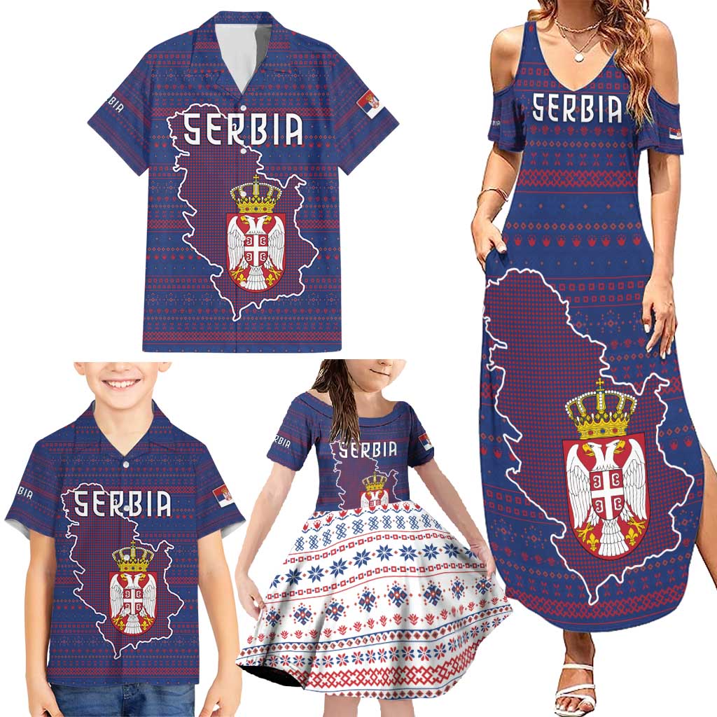 Serbia Family Matching Summer Maxi Dress and Hawaiian Shirt with National Map and Coat of Arms Design in Blue Red Pattern