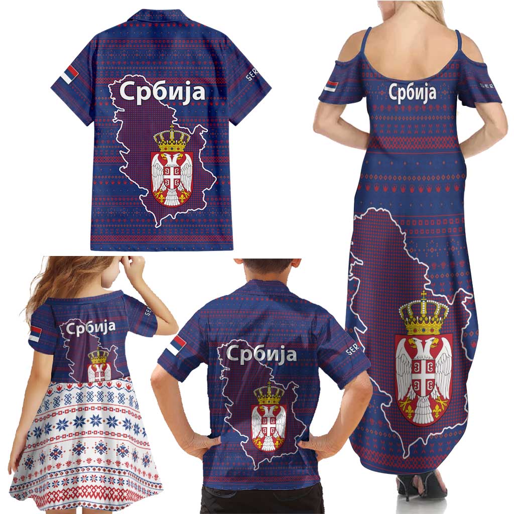 Serbia Family Matching Summer Maxi Dress and Hawaiian Shirt with National Map and Coat of Arms Design in Blue Red Pattern