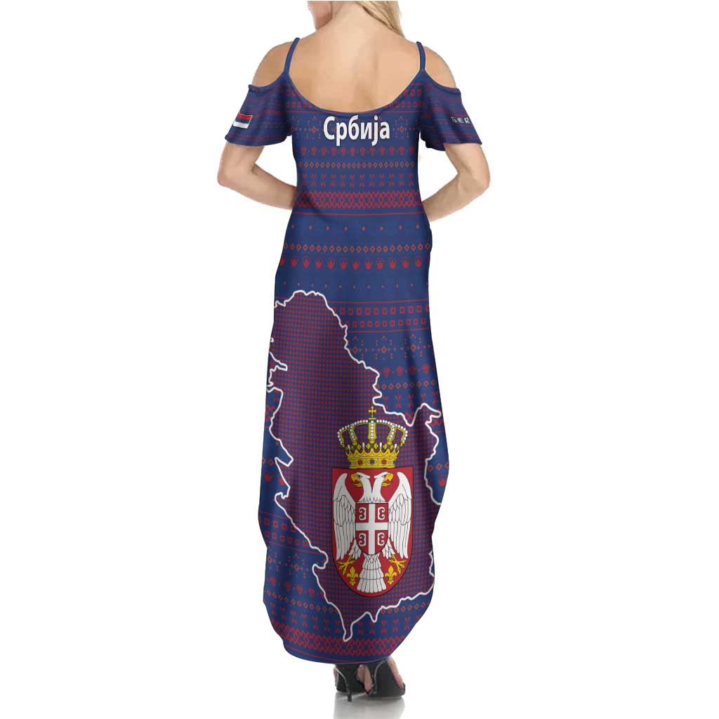 Serbia Family Matching Summer Maxi Dress and Hawaiian Shirt with National Map and Coat of Arms Design in Blue Red Pattern