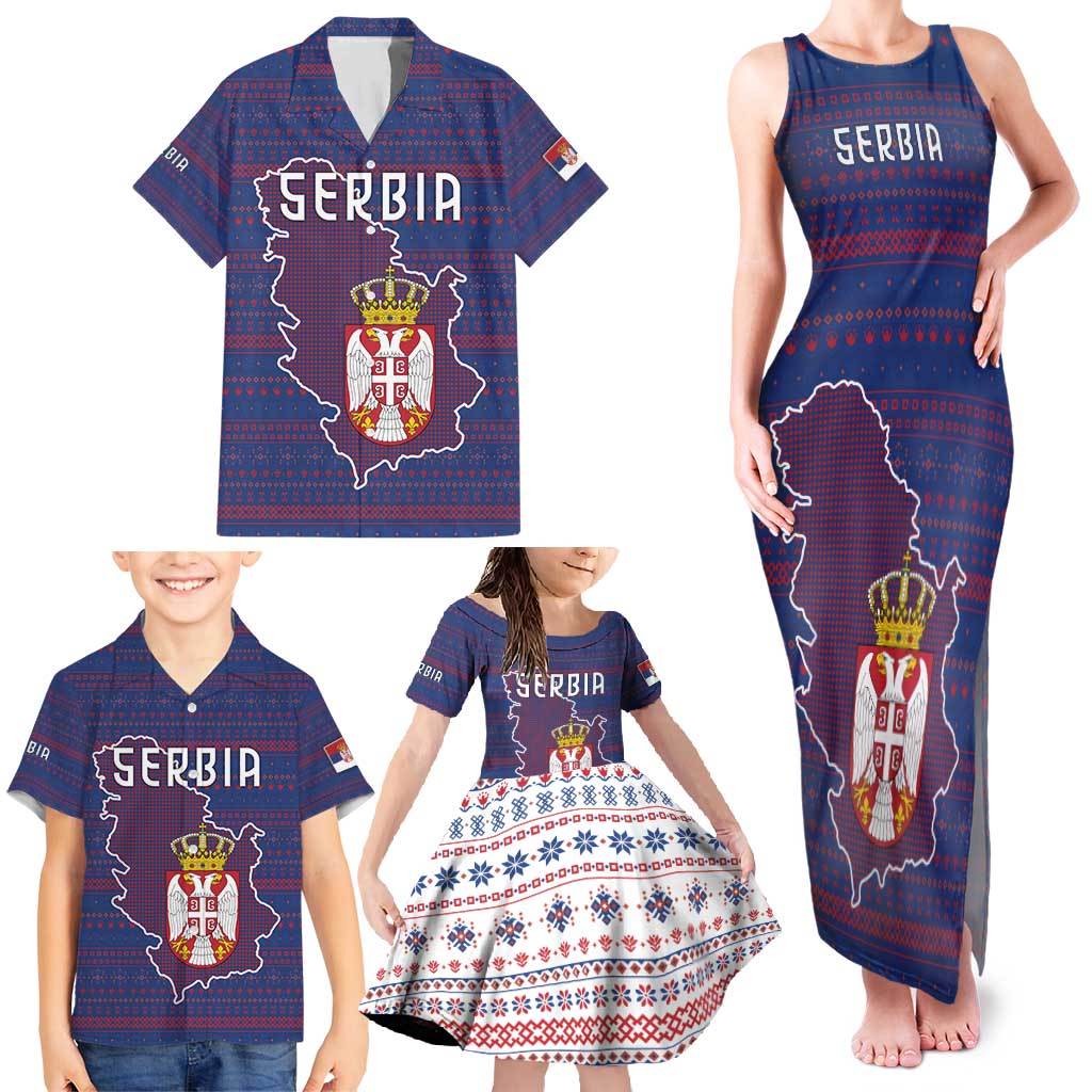 Serbia Family Matching Tank Maxi Dress and Hawaiian Shirt with National Map and Coat of Arms Design in Blue Red Pattern