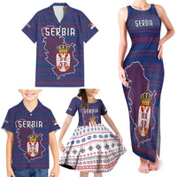 Serbia Family Matching Tank Maxi Dress and Hawaiian Shirt with National Map and Coat of Arms Design in Blue Red Pattern