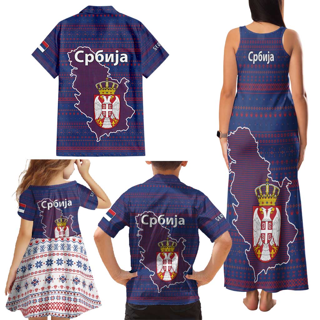 Serbia Family Matching Tank Maxi Dress and Hawaiian Shirt with National Map and Coat of Arms Design in Blue Red Pattern
