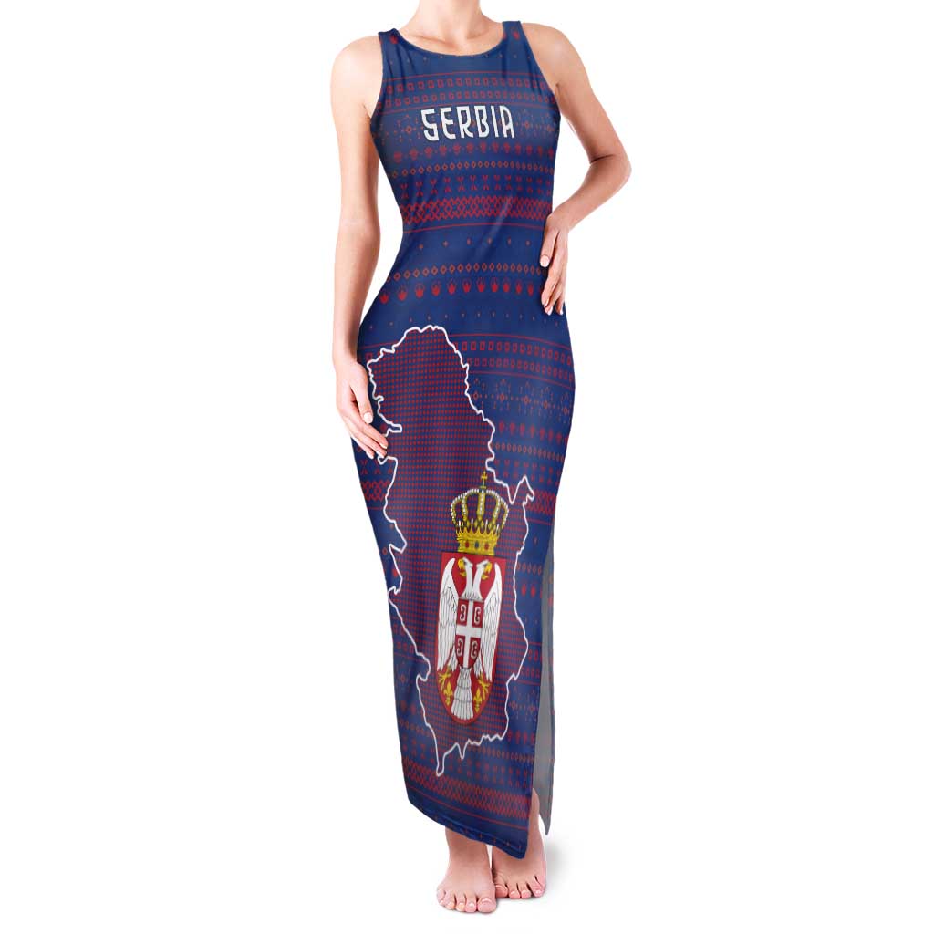 Serbia Family Matching Tank Maxi Dress and Hawaiian Shirt with National Map and Coat of Arms Design in Blue Red Pattern