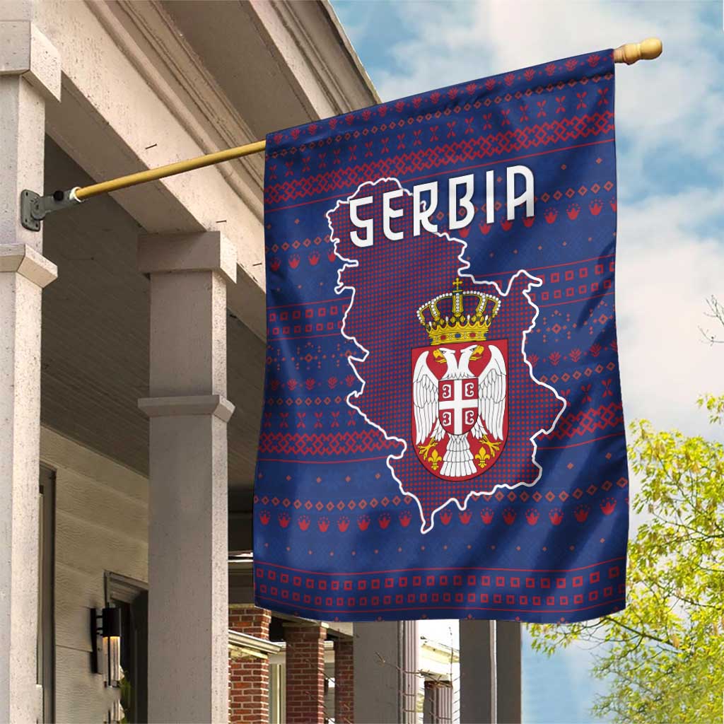 Serbia Garden Flag with National Map and Coat of Arms Design in Blue Red Pattern