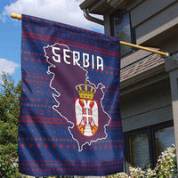Serbia Garden Flag with National Map and Coat of Arms Design in Blue Red Pattern